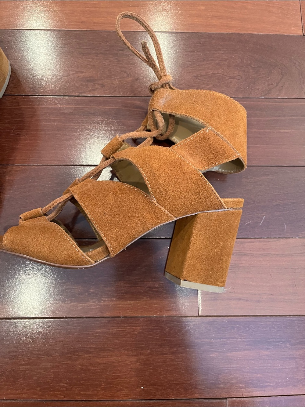 Report Cognac Suede Lace-Up Block Heel Sandals